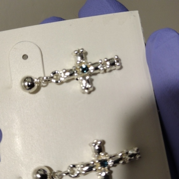 Women's Polished Silver-tone Green Crystal Cross Design Drop Earrings, 1-inch - Picture 4 of 5